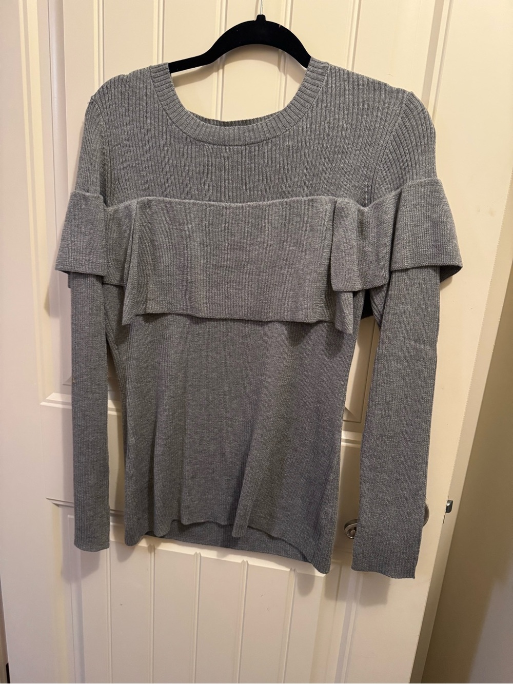 Kensie Light Gray Ruffle-Trim Knit Sweater